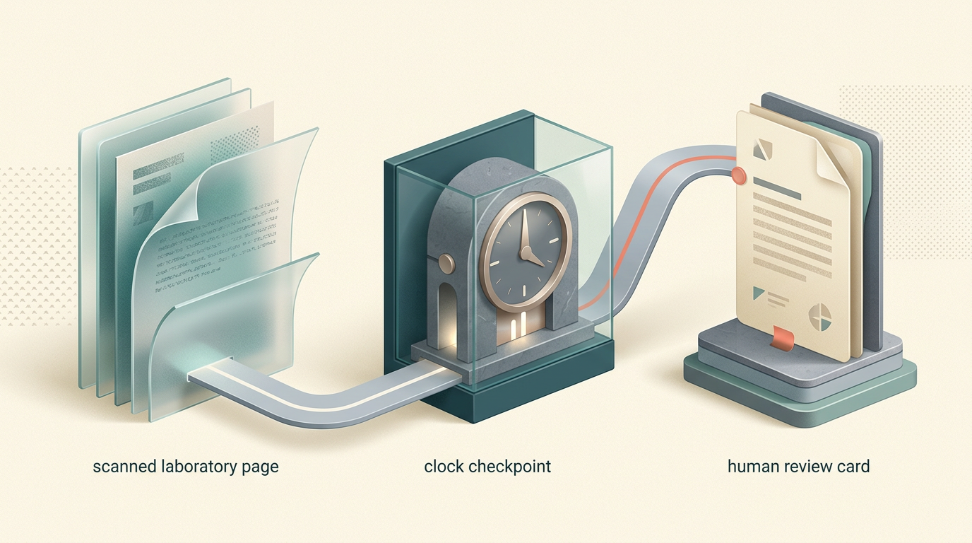 Abstract paper, verification gate, clock, and human-review boundary.